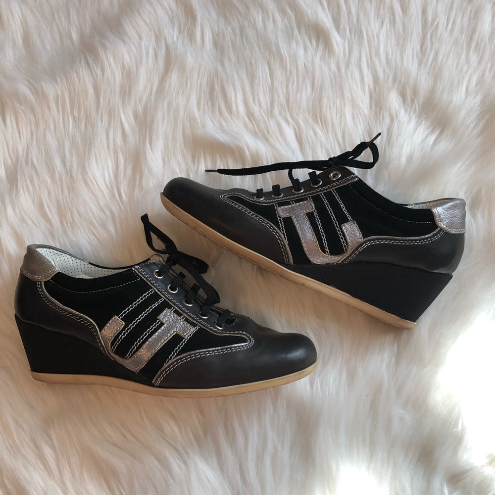 Roberto Botticelli Black Wedge Lace-Up Sneakers with Silver Accents
